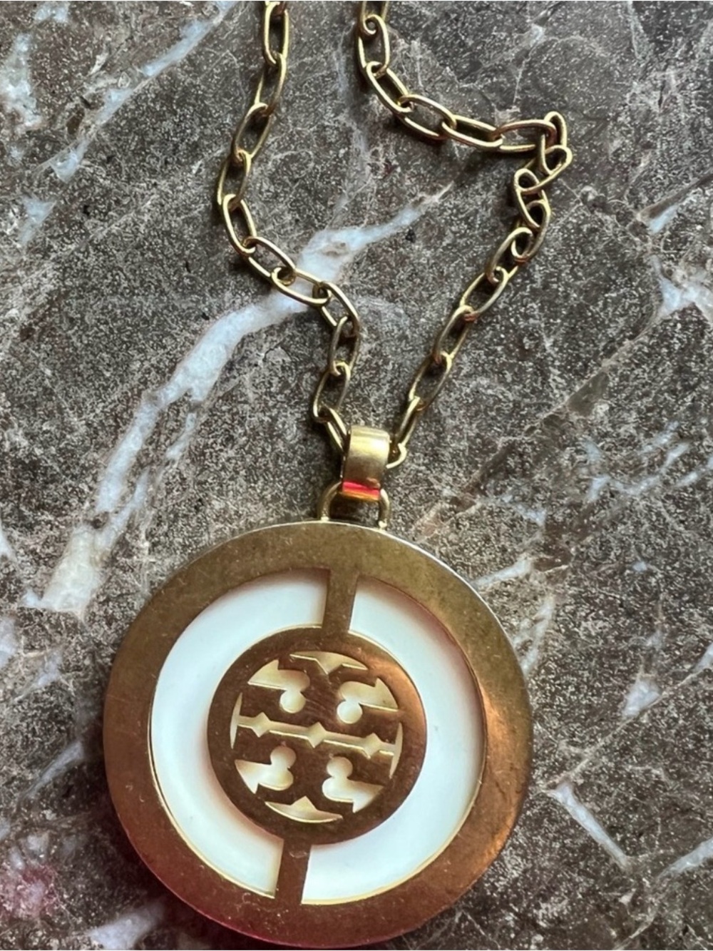 Tory Burch Gold and White Round Logo Pendant Necklace